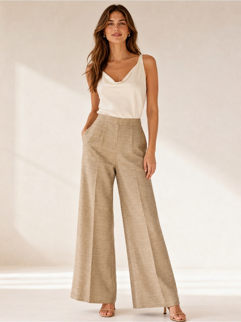 Armani Collezioni Silk Mohair Linen Wide Leg Trousers Tan Made in Italy Sz 2